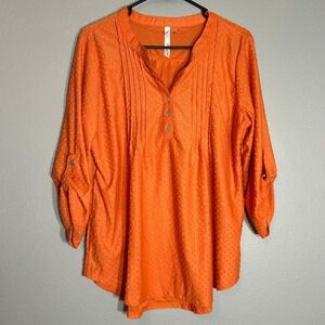 NY Collection Tunic Blouse Roll-Tab Sleeve Textured Button Up Orange 1X